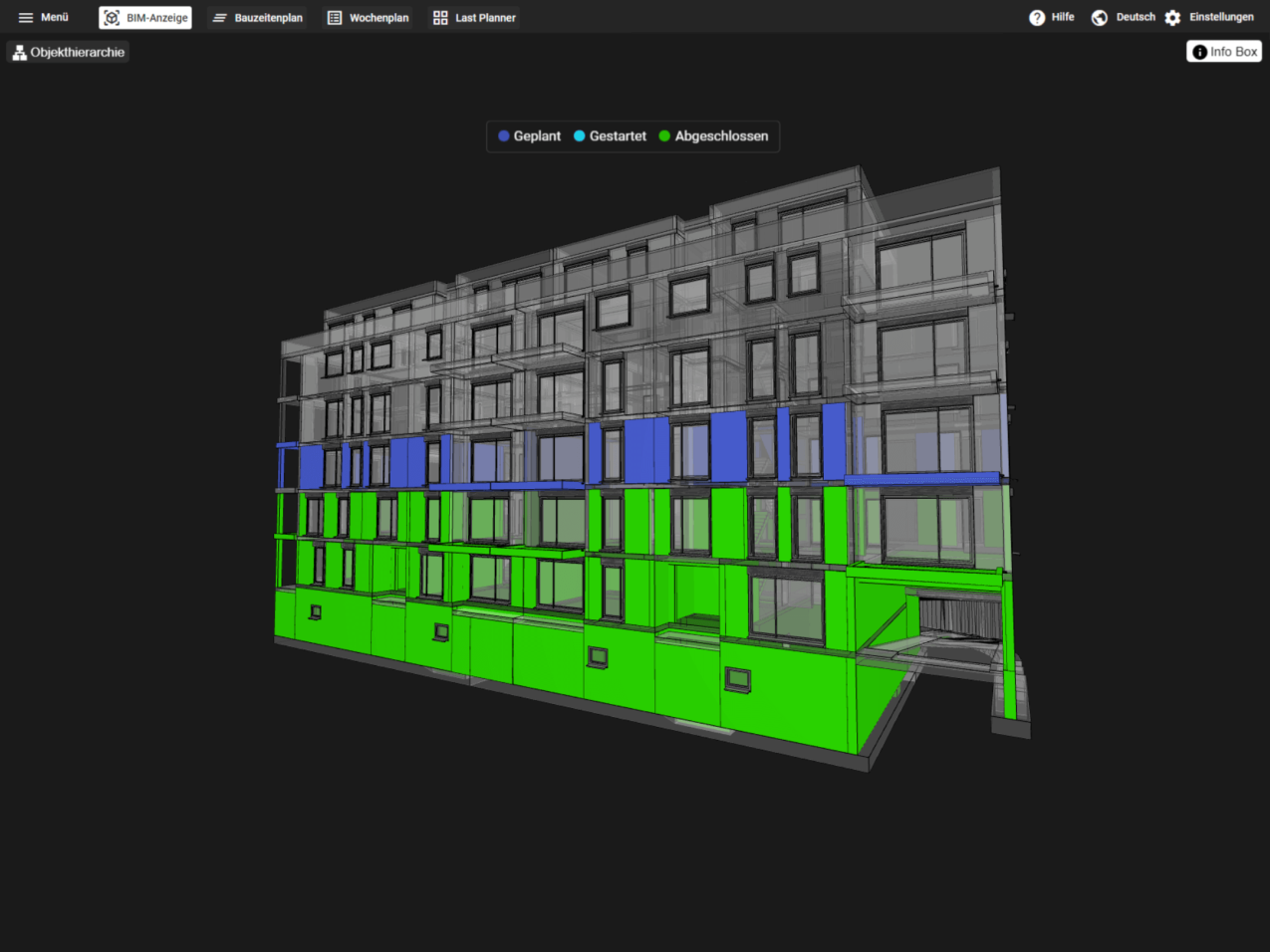 Das 3D-Modell der Bausoftware wird animiert und mit farblichen Highlights auf einem Bildschirm dargestellt.