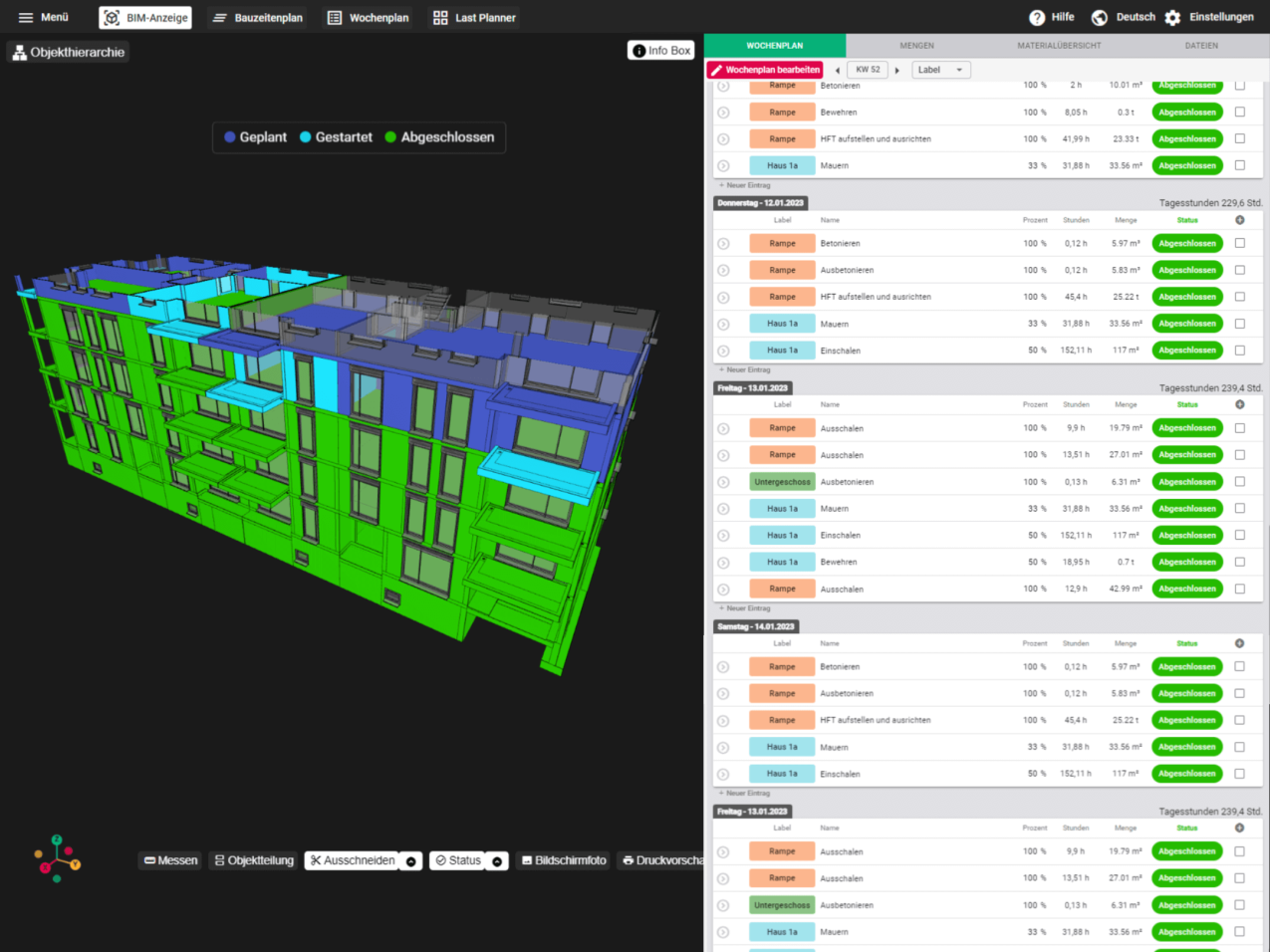 Der digitale Wochenplan für Bauleiter und Polier wird mit verschiedenen Farben und 3D-Modell  in der Bausoftware dargestellt.